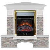 Каминокомплект Glenrich Бостон К Грот цветной угловой (беленый дуб)+Majestic Brass