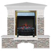 Каминокомплект Glenrich Бостон К Грот цветной угловой (беленый дуб)+Fobos Brass
